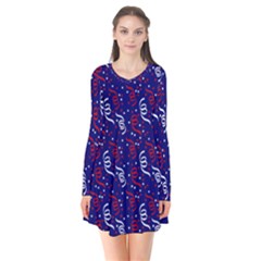 Red White And Blue Usa/uk/france Colored Party Streamers On Blue Long Sleeve V-neck Flare Dress by PodArtist