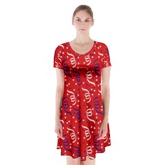 Red White And Blue Usa/uk/france Colored Party Streamers Short Sleeve V-neck Flare Dress by PodArtist