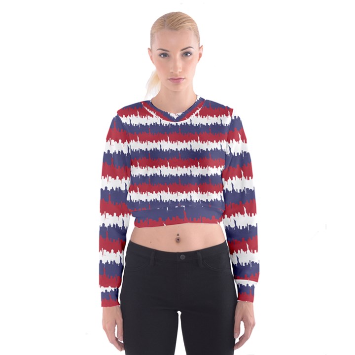 244776512NY USA Skyline in Red White & Blue Stripes NYC New York Manhattan Skyline Silhouette Cropped Sweatshirt