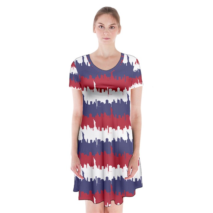 244776512NY USA Skyline in Red White & Blue Stripes NYC New York Manhattan Skyline Silhouette Short Sleeve V-neck Flare Dress