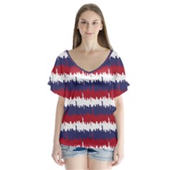 244776512ny Usa Skyline In Red White & Blue Stripes Nyc New York Manhattan Skyline Silhouette V-neck Flutter Sleeve Top by PodArtist