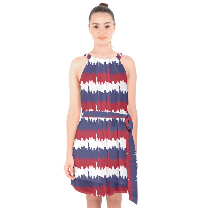 244776512NY USA Skyline in Red White & Blue Stripes NYC New York Manhattan Skyline Silhouette Halter Collar Waist Tie Chiffon Dress