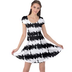 Black & White Stripes Nyc New York Manhattan Skyline Silhouette Cap Sleeve Dress by PodArtist