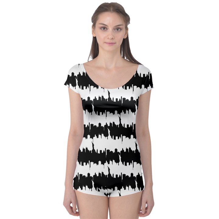 Black & White Stripes NYC New York Manhattan Skyline Silhouette Boyleg Leotard 