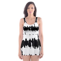 Black & White Stripes Nyc New York Manhattan Skyline Silhouette Skater Dress Swimsuit by PodArtist