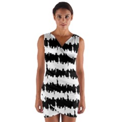 Black & White Stripes Nyc New York Manhattan Skyline Silhouette Wrap Front Bodycon Dress by PodArtist