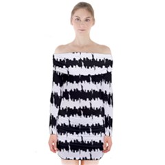 Black & White Stripes Nyc New York Manhattan Skyline Silhouette Long Sleeve Off Shoulder Dress by PodArtist