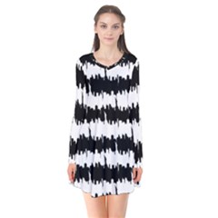 Black & White Stripes Nyc New York Manhattan Skyline Silhouette Long Sleeve V-neck Flare Dress by PodArtist