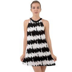 Black & White Stripes Nyc New York Manhattan Skyline Silhouette Halter Tie Back Chiffon Dress by PodArtist