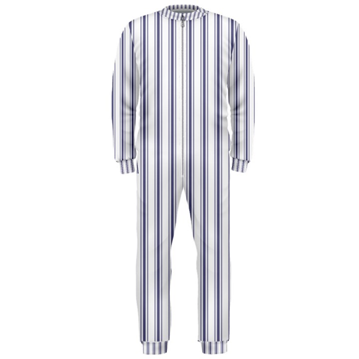 Mattress Ticking Wide Striped Pattern in USA Flag Blue and White OnePiece Jumpsuit (Men) 