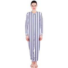 Mattress Ticking Wide Striped Pattern In Usa Flag Blue And White Onepiece Jumpsuit (ladies)  by PodArtist