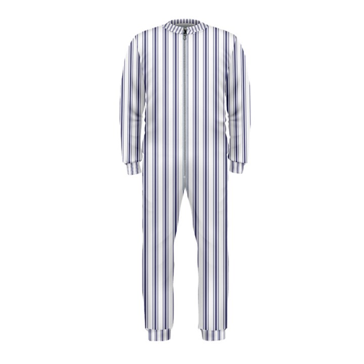 Mattress Ticking Wide Striped Pattern in USA Flag Blue and White OnePiece Jumpsuit (Kids)