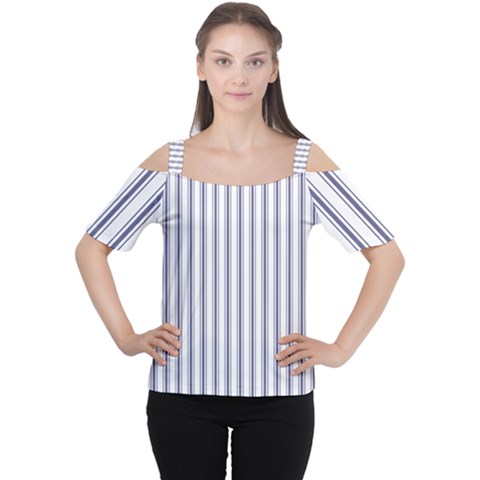 Mattress Ticking Wide Striped Pattern In Usa Flag Blue And White Cutout Shoulder Tee by PodArtist