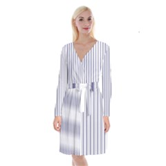 Mattress Ticking Wide Striped Pattern In Usa Flag Blue And White Long Sleeve Velvet Front Wrap Dress by PodArtist