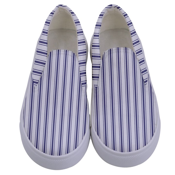 Mattress Ticking Wide Striped Pattern in USA Flag Blue and White Kids  Canvas Slip Ons