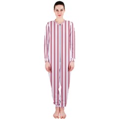 Mattress Ticking Wide Striped Pattern In Usa Flag Red And White Onepiece Jumpsuit (ladies)  by PodArtist