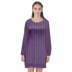 Mattress Ticking Wide Striped Pattern In Usa Flag Blue And Red Long Sleeve Chiffon Shift Dress  by PodArtist