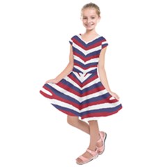 Us United States Red White And Blue American Zebra Strip Kids  Short Sleeve Dress by PodArtist