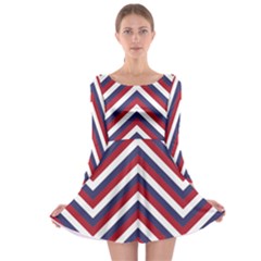 United States Red White And Blue American Jumbo Chevron Stripes Long Sleeve Skater Dress by PodArtist