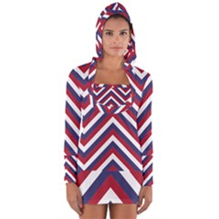 United States Red White And Blue American Jumbo Chevron Stripes Long Sleeve Hooded T-shirt by PodArtist