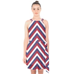 United States Red White And Blue American Jumbo Chevron Stripes Halter Collar Waist Tie Chiffon Dress by PodArtist