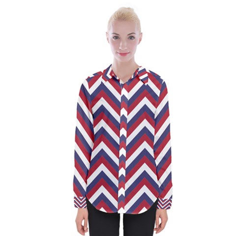 United States Red White And Blue American Jumbo Chevron Stripes Womens Long Sleeve Shirt by PodArtist