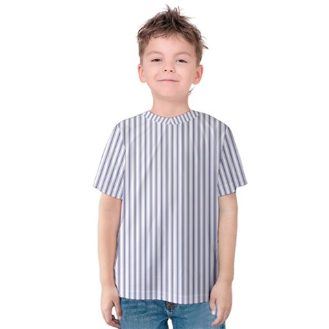 Mattress Ticking Narrow Striped Pattern In Usa Flag Blue And White Kids  Cotton Tee by PodArtist