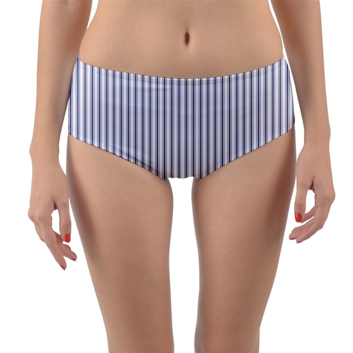 Mattress Ticking Narrow Striped Pattern in USA Flag Blue and White Reversible Mid-Waist Bikini Bottoms