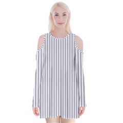 Mattress Ticking Narrow Striped Pattern In Usa Flag Blue And White Velvet Long Sleeve Shoulder Cutout Dress by PodArtist