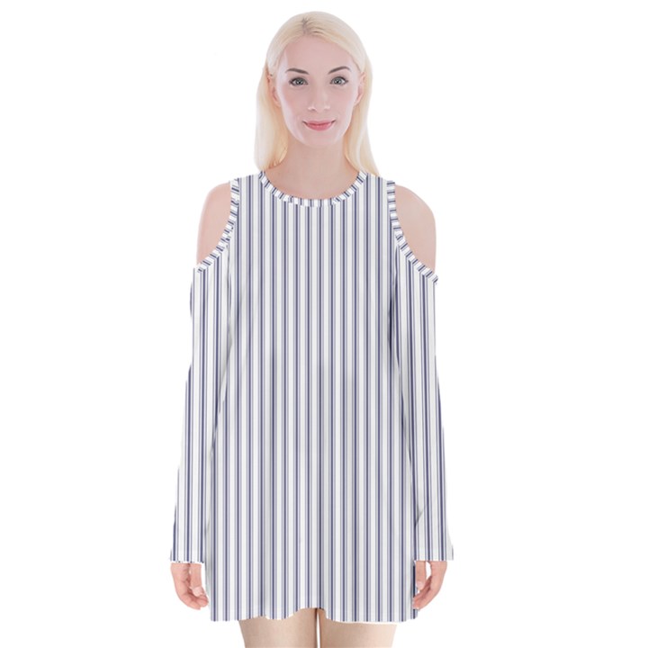 Mattress Ticking Narrow Striped Pattern in USA Flag Blue and White Velvet Long Sleeve Shoulder Cutout Dress