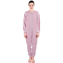 Mattress Ticking Narrow Striped Usa Flag Red And White Onepiece Jumpsuit (ladies)  by PodArtist