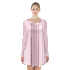 Mattress Ticking Narrow Striped Usa Flag Red And White Long Sleeve Velvet V-neck Dress by PodArtist