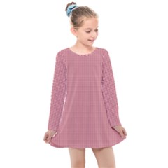 Usa Flag Red Blood Mini Gingham Check Kids  Long Sleeve Dress