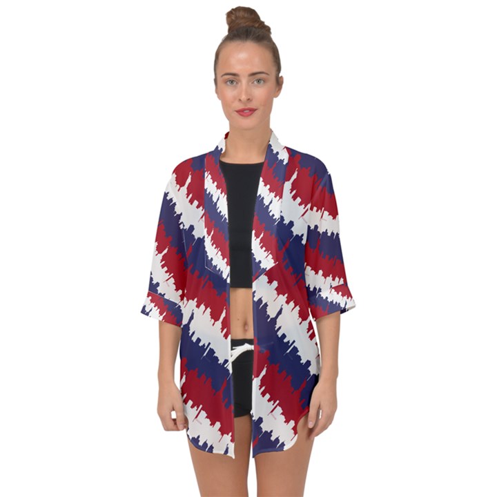 NY USA Candy Cane Skyline in Red White & Blue Open Front Chiffon Kimono