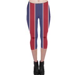 Large Red White And Blue Usa Memorial Day Holiday Vertical Cabana Stripes Capri Leggings  by PodArtist