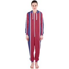 Large Red White And Blue Usa Memorial Day Holiday Vertical Cabana Stripes Hooded Jumpsuit (ladies)  by PodArtist