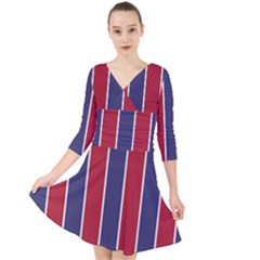 Large Red White And Blue Usa Memorial Day Holiday Vertical Cabana Stripes Quarter Sleeve Front Wrap Dress by PodArtist