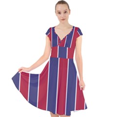 Large Red White And Blue Usa Memorial Day Holiday Vertical Cabana Stripes Cap Sleeve Front Wrap Midi Dress by PodArtist