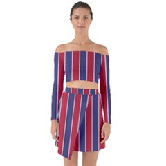 Large Red White And Blue Usa Memorial Day Holiday Vertical Cabana Stripes Off Shoulder Top With Skirt Set by PodArtist