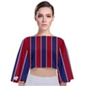 Large Red White and Blue USA Memorial Day Holiday Vertical Cabana Stripes Tie Back Butterfly Sleeve Chiffon Top View1