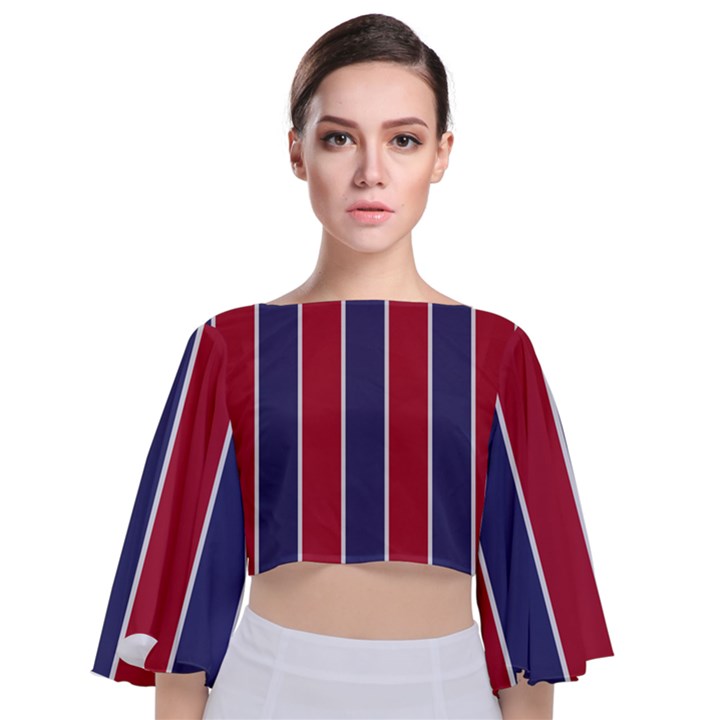 Large Red White and Blue USA Memorial Day Holiday Vertical Cabana Stripes Tie Back Butterfly Sleeve Chiffon Top