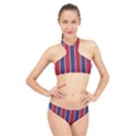 Large Red White and Blue USA Memorial Day Holiday Vertical Cabana Stripes High Neck Bikini Set View1