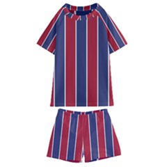 Large Red White And Blue Usa Memorial Day Holiday Vertical Cabana Stripes Kids  Swim Tee And Shorts Set