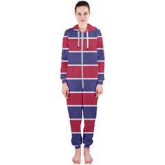 Large Red White And Blue Usa Memorial Day Holiday Horizontal Cabana Stripes Hooded Jumpsuit (ladies)  by PodArtist