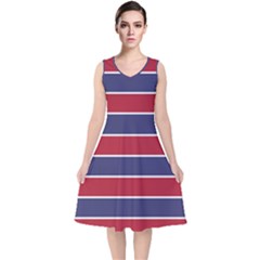 Large Red White And Blue Usa Memorial Day Holiday Horizontal Cabana Stripes V-neck Midi Sleeveless Dress  by PodArtist