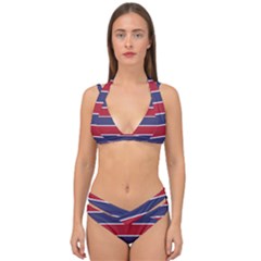 Large Red White And Blue Usa Memorial Day Holiday Horizontal Cabana Stripes Double Strap Halter Bikini Set by PodArtist