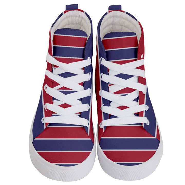 Large Red White and Blue USA Memorial Day Holiday Horizontal Cabana Stripes Kid s Hi-Top Skate Sneakers