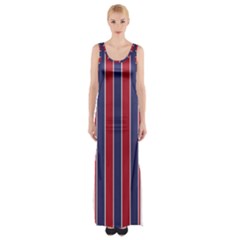 Large Red White And Blue Usa Memorial Day Holiday Pinstripe Maxi Thigh Split Dress