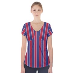 Large Red White And Blue Usa Memorial Day Holiday Pinstripe Short Sleeve Front Detail Top by PodArtist