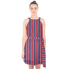 Large Red White And Blue Usa Memorial Day Holiday Pinstripe Halter Collar Waist Tie Chiffon Dress by PodArtist